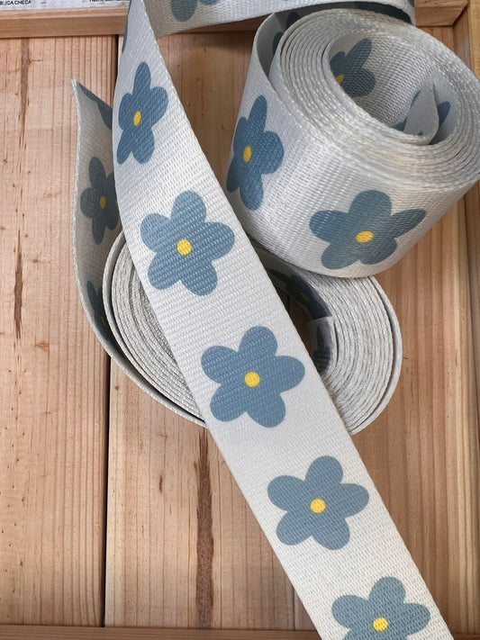 Gurtband Weiß mit Blumen Blau  38mm